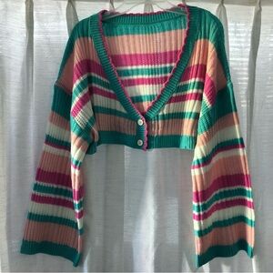 Cropped stripes v-neck cardigan sweater